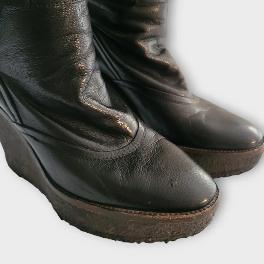 YSL Yves Saint Laurent Tall Black Leather Wedge Boots Vintage 90s Y2K - Picture 13 of 16